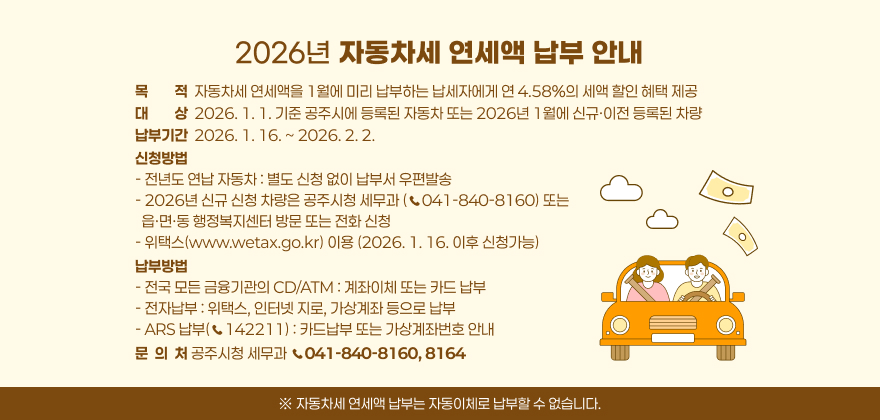 2026년 자동차세 연세액 납부 안내
목 적 : 자동차세 연세액을 1월에 미리 납부하는 납세자에게 연 4.58%의 세액 할인 혜택 제공
대 상 : 2026. 1. 1. 기준 공주시에 등록된 자동차 또는 2026년 1월에 신규·이전 등록된 차량
납부기간 : 2026. 1. 16. ~ 2026. 2. 2.
신청방법
- 전년도 연납 자동차 : 별도 신청 없이 납부서 우편발송
- 2026년 신규 신청 차량은 공주시청 세무과(☎ 041-840-8160) 또는 읍·면·동 행정복지센터 방문 또는 전화 신청
- 위택스(www.wetax.go.kr) 이용(2026. 1. 16. 이후 신청가능)
납부방법
- 전국 모든 금융기관의 CD/ATM : 계좌이체 또는 카드 납부
- 전자납부 : 위택스, 인터넷 지로, 가상계좌 등으로 납부
- ARS 납부(☎142211) : 카드납부 또는 가상계좌번호 안내
문 의 처 : 공주시청 세무과 (☎ 041-840-8160,8164)
※ 자동차세 연세액 납부는 자동이체로 납부할 수 없습니다.